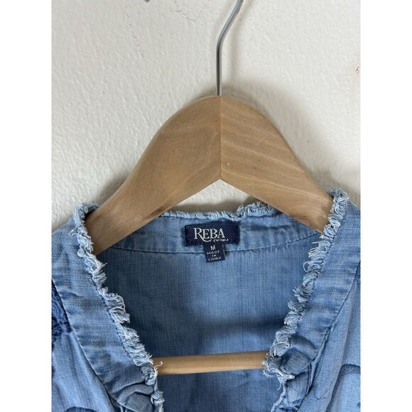 Reba Long Sleeve Denim Shirt Dress Floral Embroidery Womens Size M Blue Chambray - Picture 2 of 5